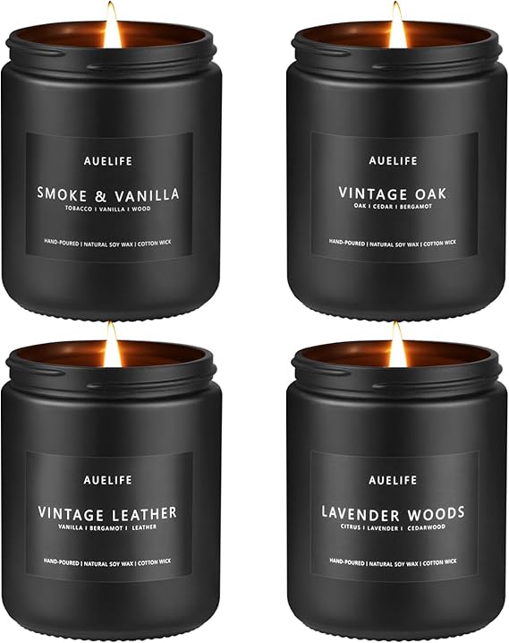 Scented Candles Set | 4 Pack Manly Gifts| Leather/Smoke & Vanilla/Oak/Lavender